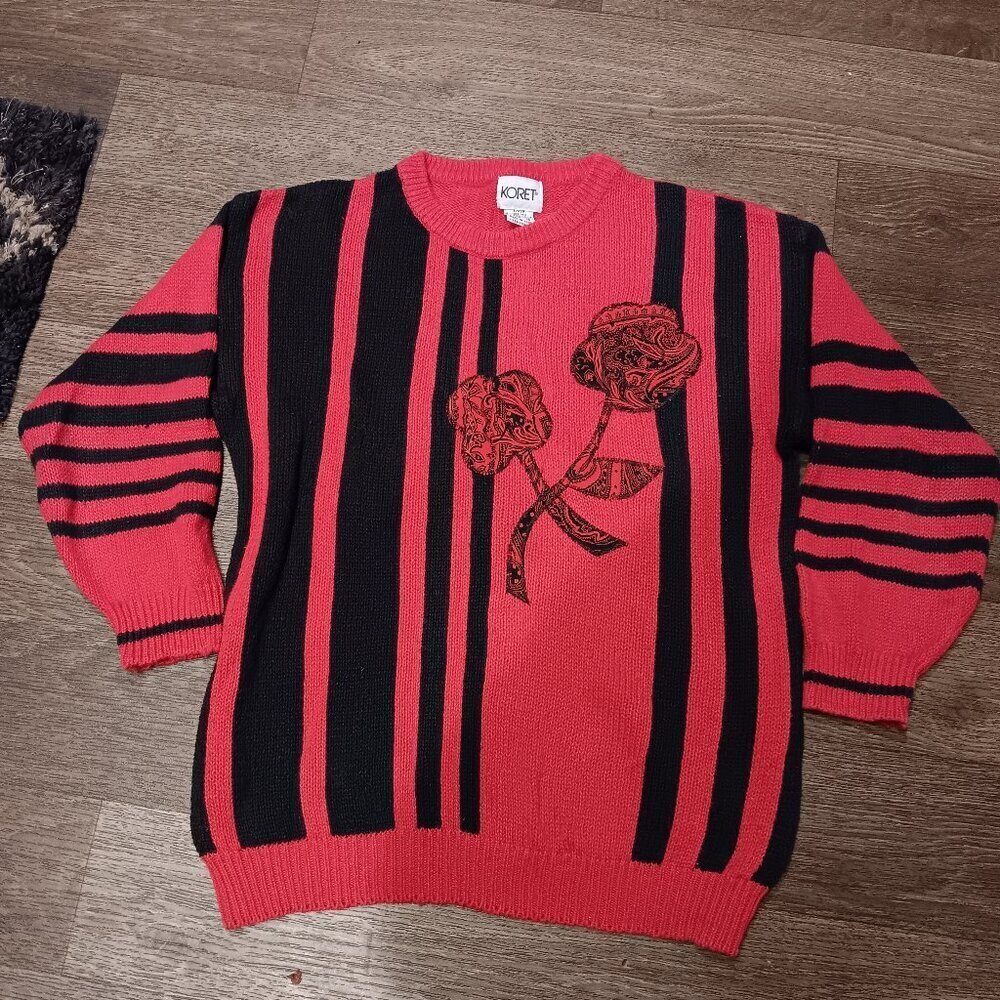 Vintage Koret ed Floral Sweater Sz s Appliqué Cottage Core Grandma 80s